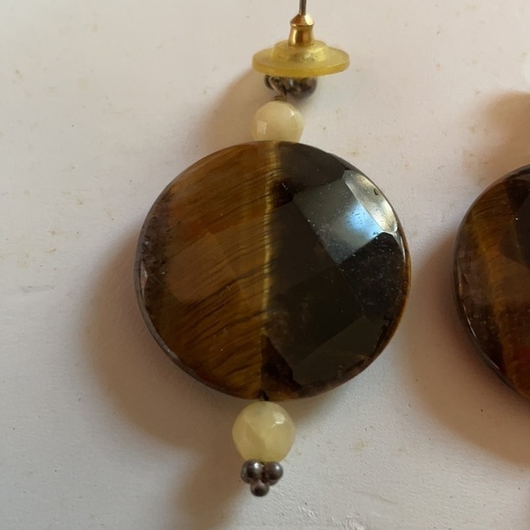 GENUINE Tiger’s Eye Drop Earrings w Cream Stone Large - Picture 4 of 5